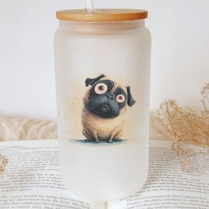 Cartoon Pug Glass Tumbler – Watercolor Impasto Art Dog Cup, Cute Funny Pet Lover Gift, Hand-Painted Style Drinkware