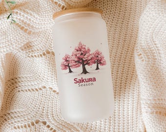 Sakura Cherry Blossom Glass Tumbler – Frosted Floral Iced Coffee Cup