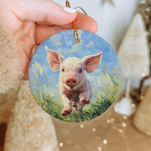 Piglet Ceramic Ornament: Running in Grass, Farm Animal Decor