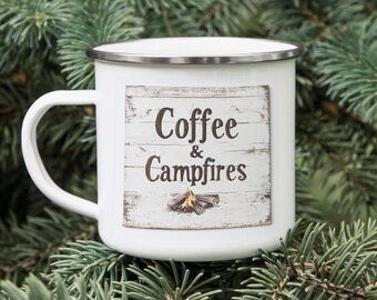 Rustic Enamel Camping Mug: Coffee & Campfires Design,  Tin Mug
