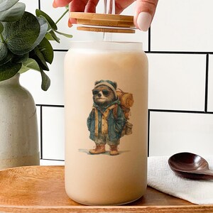 Bear Hiking Glass Tumbler: Adventure Iced Coffee Cup with Bamboo Lid
