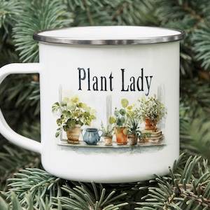 Plant Lady Enamel Camping Mug: Botanical Windowsill Design