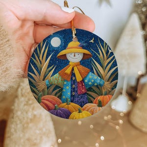 Scarecrow Pumpkin Corn Stalk Ceramic Ornament, Autumn Harvest Farmhouse Tree Decoration