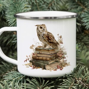 May include: White enamel mug featuring a detailed illustration of a brown and white owl perched atop a stack of old books. The design includes dried flowers and foliage, with a silver rim and white handle.