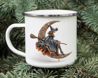 Victorian Witch Enamel Camping Mug: Flying Broomstick, Gothic Wiccan Gift