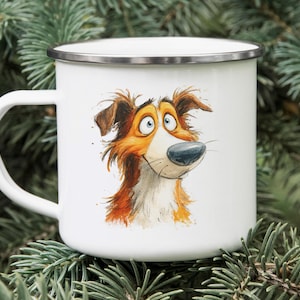 Cartoon Collie Enamel Camping Mug – Watercolor Impasto Dog Art Tin Cup, Rustic Outdoor Coffee Mug Gift for Dog Lovers