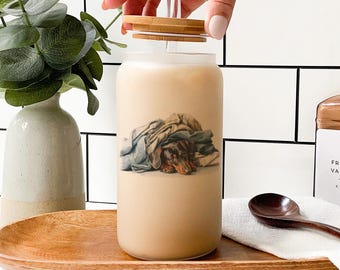 Dachshund Glass Tumbler: Cozy Wiener Dog in Blankets - Bamboo Lid & Glass Straw
