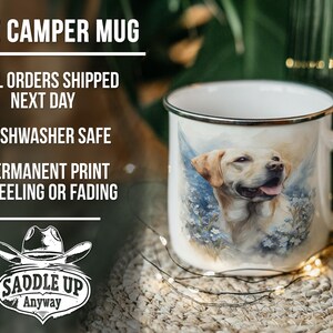 The image is a 17oz ceramic mug with a picture of a dog on it. The mug is placed on a woven mat, and there are some lights visible in the background.