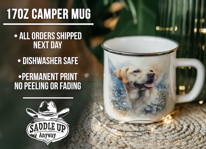 The image is a 17oz ceramic mug with a picture of a dog on it. The mug is placed on a woven mat, and there are some lights visible in the background.
