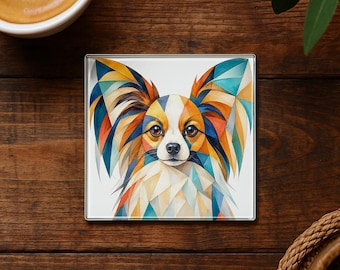 Papillon Dog Portrait Glass Coaster, Geometric Art Drink Coaster, Nature Insect Table Decor