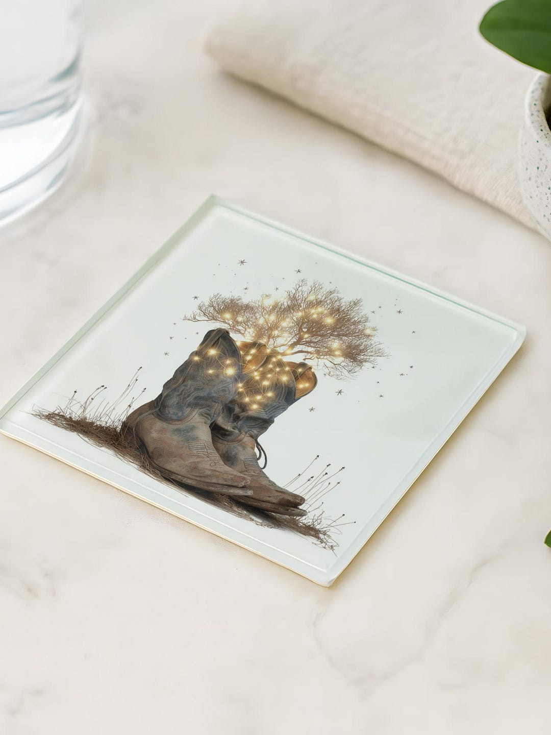 Western Cowboy Boots Glass Coaster – Lit Tumbleweed Design - Etsy