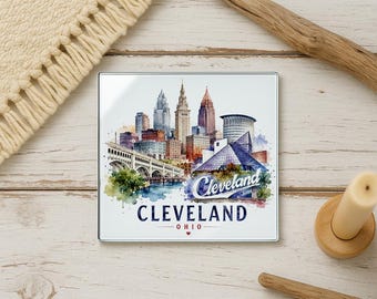 Cleveland Cityscape Glass Coaster, Skyline View, Ohio Souvenir, Lake Erie Décor