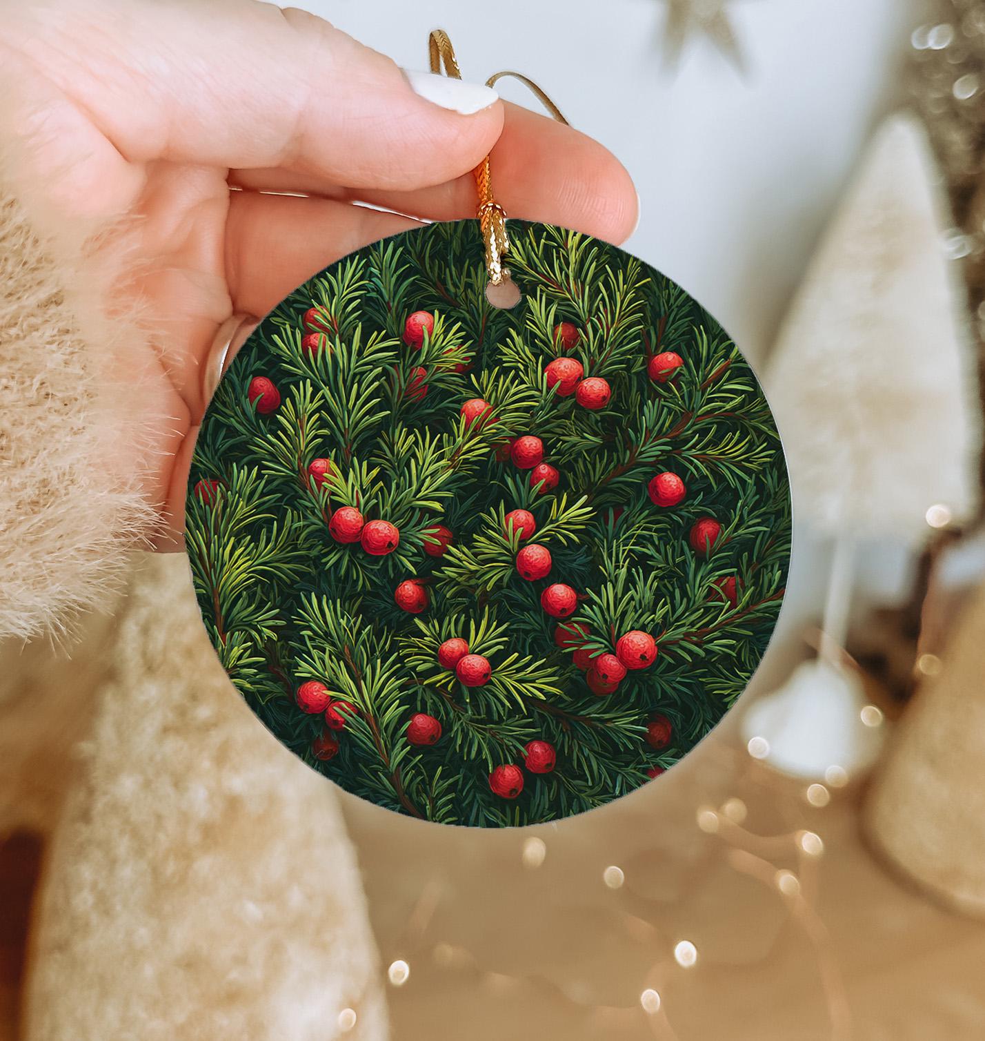 Naturalist Ceramic Ornament With Red Yew Berries & Evergreen
