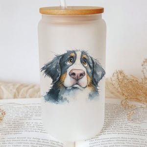 Bernese Mountain Dog Glass Tumbler – Cartoon Watercolor Art, Impasto Style, Cute Dog Lover Gift, Hand-Painted Look Cup