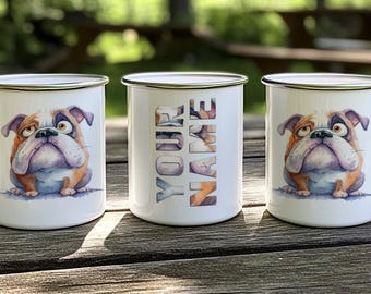 Cartoon Bulldog Enamel Camping Mug: Watercolor Impasto Art, Dog