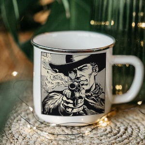 Angry Cowboy Comic Mug: Western Enamel Camping Cup, Wild West Art