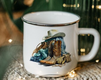 Cowboy Gear Enamel Camping Mug: Rustic Western Design