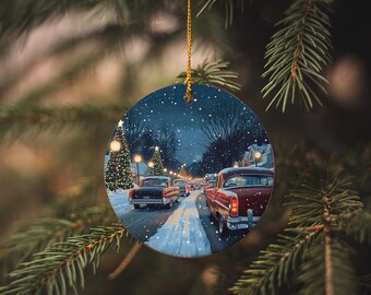 Vintage Tailfinned Car Christmas Ornament: Retro Snowy Road Ceramic Decoration