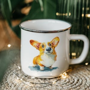 Cartoon Corgi Enamel Camping Mug – Watercolor Impasto Pembroke Welsh Design – Cute Dog Tin Cup for Outdoors & Gifts