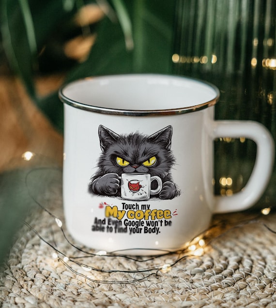 Grumpy Black Cat Coffee Mug: Funny Camping Enamel (12 or 16 oz)