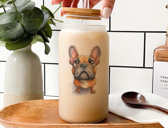 French Bulldog Glass Tumbler: Watercolor Dog Cup, Bamboo Lid