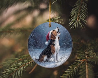 Beagle Howling Christmas Ornament: Santa Hat Dog Ceramic Holiday Decor