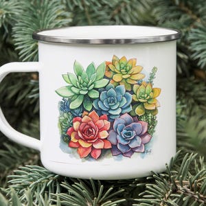 Succulent Watercolor Enamel Mug: Botanical Camping Travel Cup