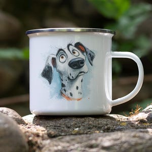 Cartoon Dalmatian Enamel Camping Mug – Watercolor Impasto Dog Art Tin Cup – Cute Puppy Gift for Dog Lovers & Campers