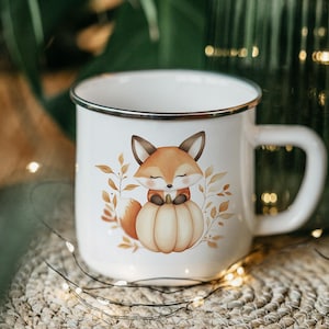 Cute Baby Fox on Pumpkin Enamel Camping Mug – Fall Tin Mug, Autumn Fox Coffee Cup, Woodland Animal Gift, Rustic Campfire Drinkware