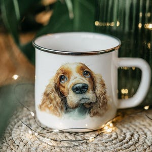 Cocker Spaniel Enamel Camping Mug – Watercolor Cartoon Dog Art, Impasto Style Tin Cup, Hiker Gift, Pet Lover Drinkware
