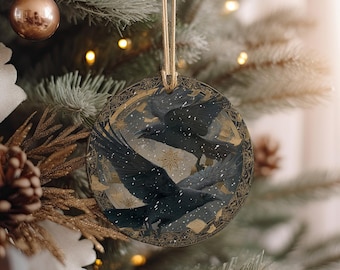 Odin’s Ravens Yule Ornament – Huginn & Muninn Flying with Scrolls – Norse Mythology Winter Ceramic Decor