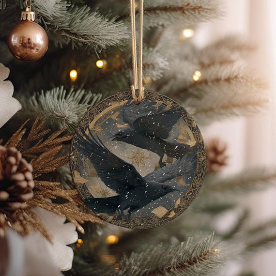 Odin’s Ravens Yule Ornament – Huginn & Muninn Flying with Scrolls – Norse Mythology Winter Ceramic Decor