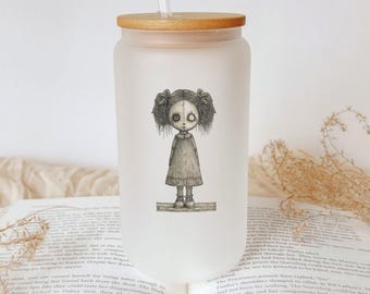 Haunted One-Eyed Doll Glass Tumbler: Spooky Gothic Drinkware
