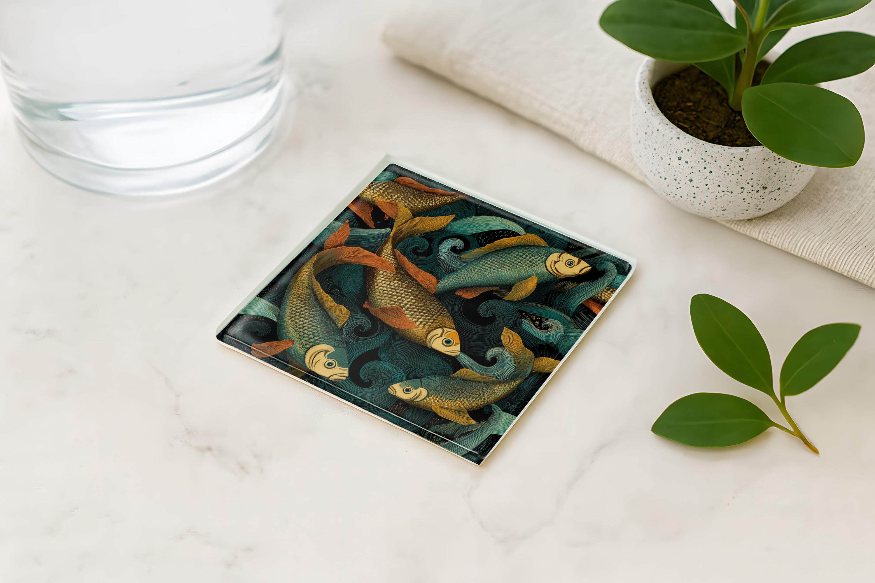 Stylized Fish Glass Coaster, Underwater Illustration Drink Coaster ...