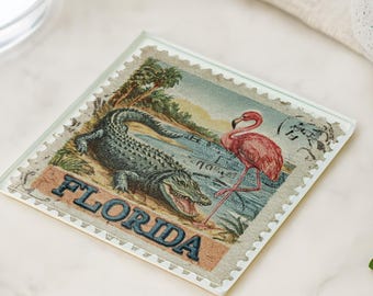 Vintage Florida Stamp Glass Coaster – Alligator & Flamingo Retro Decor