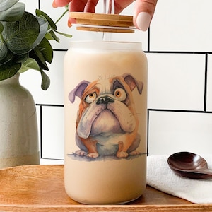 Cartoon Bulldog Glass Tumbler – Watercolor Impasto Art Dog Cup, Hand-Painted Style Bulldog Gift, Cute Pet Lover Drinkware