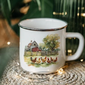 Country Farm Tin Mug, Barn and Chickens Enamel Mug, Perfect Camping Accessory