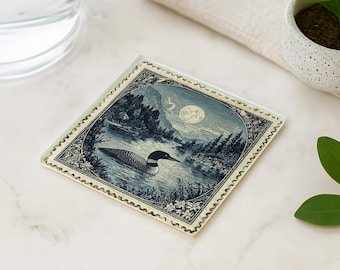 Moonlit Lake Loon Glass Coaster: Vintage Cabin Decor