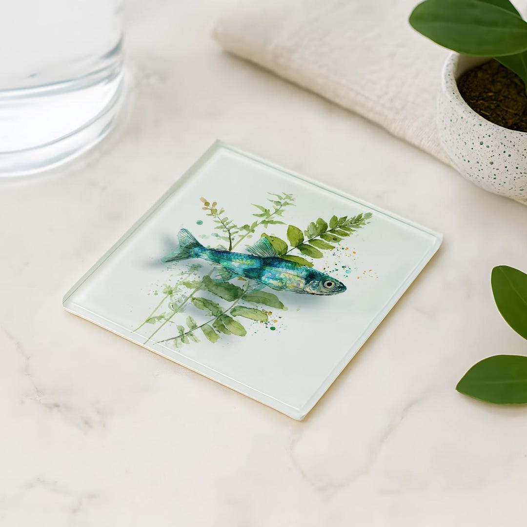 Glass Fish Coaster – Ocean Fern Design, Coastal Drink Coaster - Etsy