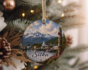 Sitka Alaska Ceramic Ornament, Coastal Town Mountain Scene Holiday Decoration