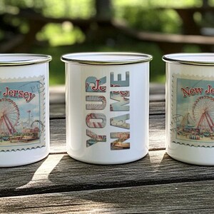three coffee mugs sitting on top of a wooden table