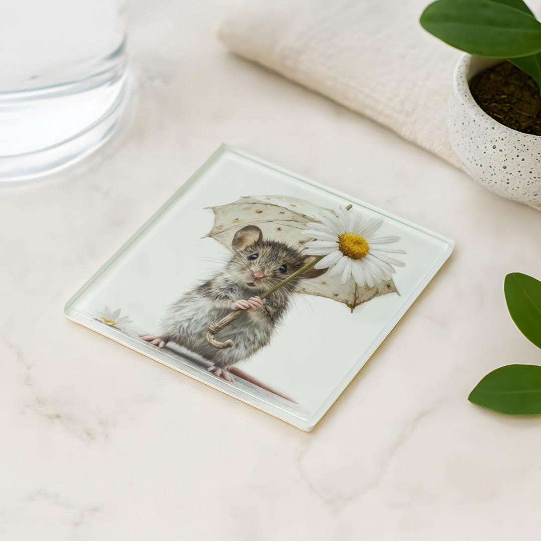 Mouse Rug Coasters Mouse With Daisy Umbrella Glass Coaster – Whimsical Cottagecore Drink ...
