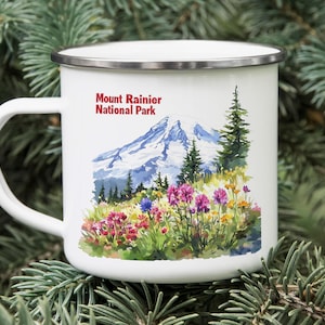Mount Rainier Enamel Camping Mug: Wildflower Meadow, Nature Lover Gift
