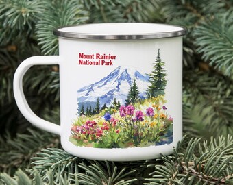 Mount Rainier Enamel Camping Mug: Wildflower Meadow, Nature Lover Gift