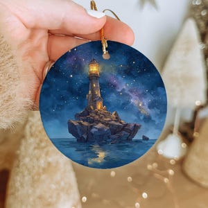Glowing Lighthouse Ceramic Ornament, Starry Night Fantasy Island Decor
