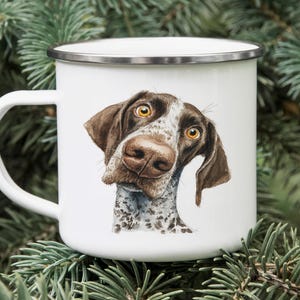 German Shorthaired Pointer Enamel Camping Mug – Watercolor Impasto Dog Art Tin Cup, Cartoon GSP Gift for Dog Lovers