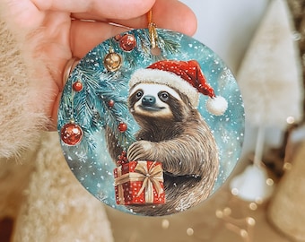 Santa Sloth Ceramic Christmas Ornament, Holiday Tree Decor