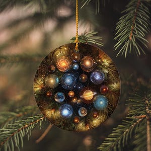 Celestial Tree Ornament Cluster – Glowing Ceramic Galaxy, Moon & Planet Orbs – Space-Themed Christmas Decoration