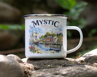 Mystic Connecticut Seaport Enamel Camping Mug, Tall Ships Waterfront Village