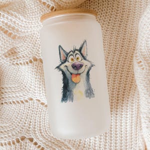 Cartoon Siberian Husky Glass Tumbler – Watercolor Impasto Dog Art Cup, Hand-Painted Animal Drinkware, Pet Lover Gift